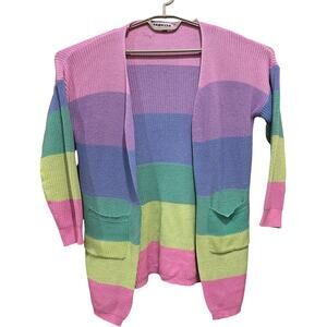 Ecowish Rainbow Cardigan Women XL Multicolor Striped Open Front Sweater Preppy